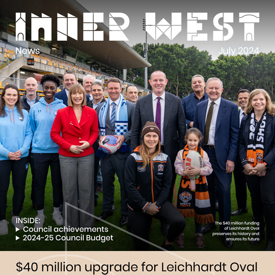 The front page of a newsletter publication - an Inner West logo is superimposed over a group of people standing on the field of a rugby league ground with a grandstand.